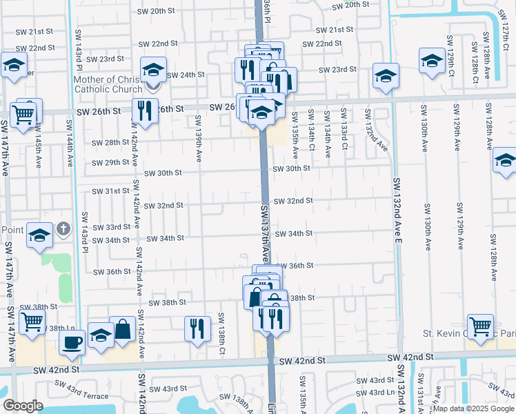 map of restaurants, bars, coffee shops, grocery stores, and more near 13712 Southwest 31st Street in Miami