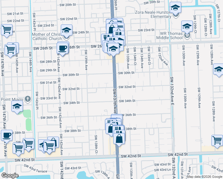 map of restaurants, bars, coffee shops, grocery stores, and more near 13712 Southwest 31st Street in Miami