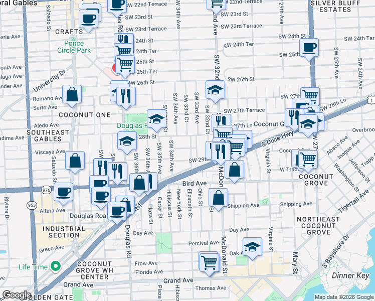 map of restaurants, bars, coffee shops, grocery stores, and more near 2820 Southwest 33rd Court in Miami