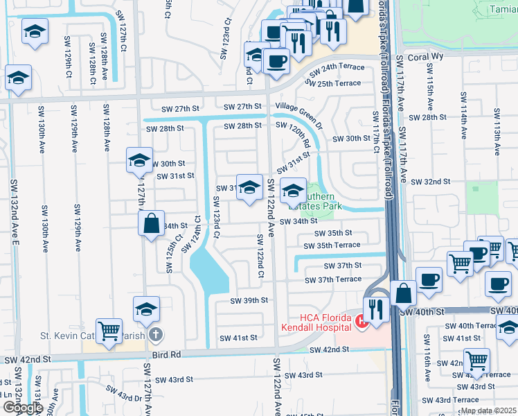 map of restaurants, bars, coffee shops, grocery stores, and more near 12265 Southwest 34th Street in Miami