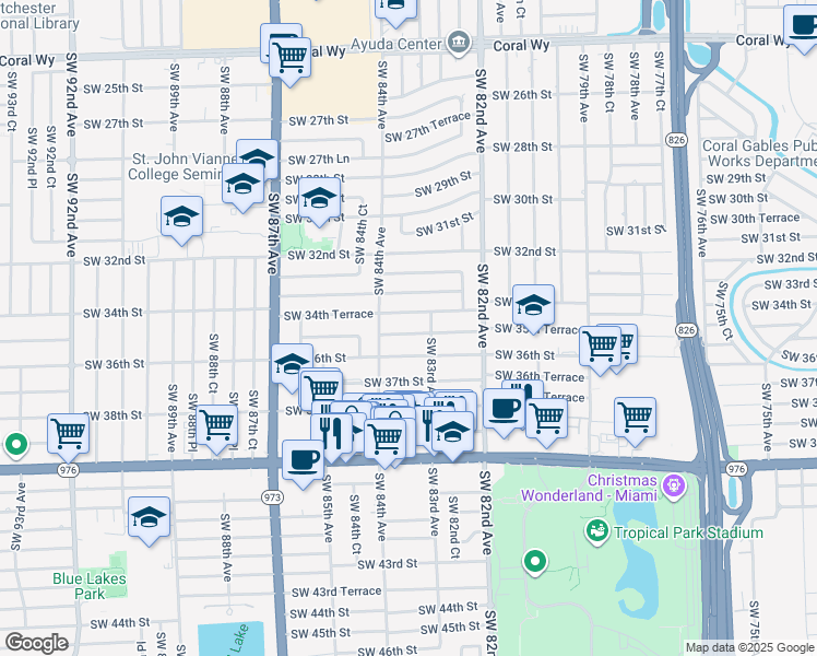 map of restaurants, bars, coffee shops, grocery stores, and more near 8331 Southwest 35th Terrace in Miami