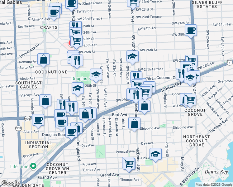 map of restaurants, bars, coffee shops, grocery stores, and more near 2820 Southwest 33rd Court in Miami