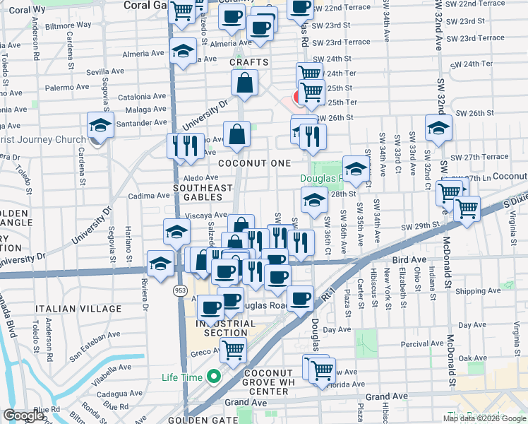 map of restaurants, bars, coffee shops, grocery stores, and more near 2812 Southwest 38th Court in Miami