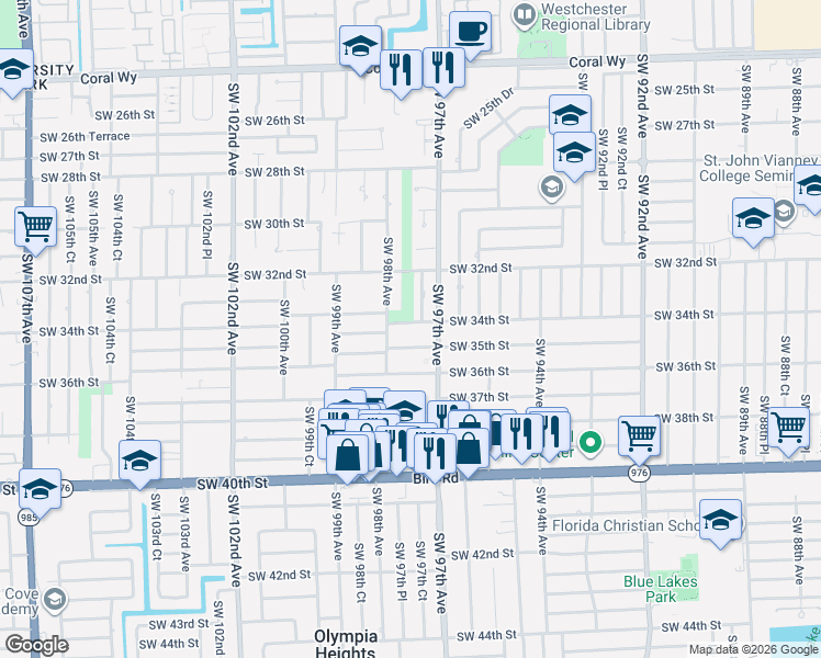map of restaurants, bars, coffee shops, grocery stores, and more near 9750 Southwest 34th Street in Miami