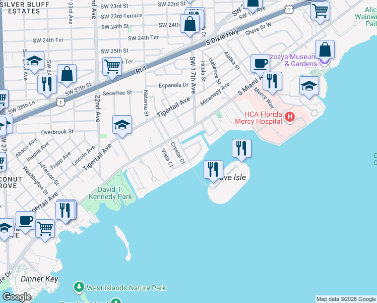 map of restaurants, bars, coffee shops, grocery stores, and more near 1721 South Bayshore Lane in Miami