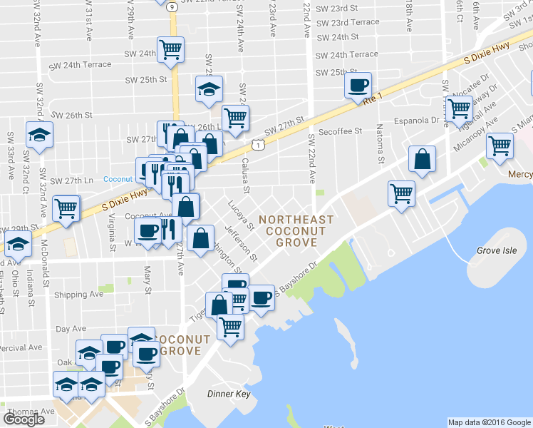 map of restaurants, bars, coffee shops, grocery stores, and more near 3024 Kirk Street in Miami