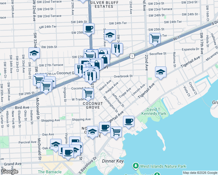 map of restaurants, bars, coffee shops, grocery stores, and more near 2458 Abaco Avenue in Miami