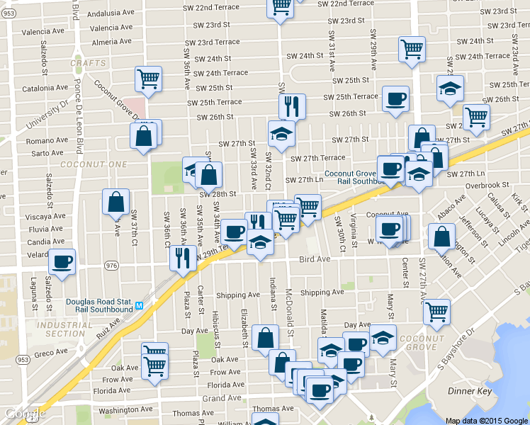 map of restaurants, bars, coffee shops, grocery stores, and more near 2822 Southwest 32nd Court in Miami