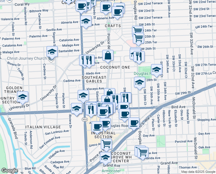 map of restaurants, bars, coffee shops, grocery stores, and more near 200 Alesio Avenue in Coral Gables