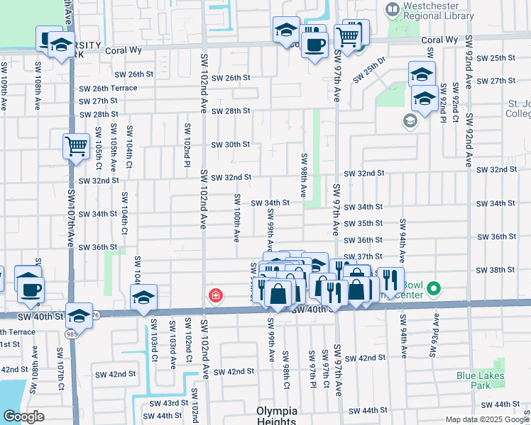 map of restaurants, bars, coffee shops, grocery stores, and more near 9935 Southwest 34th Street in Miami