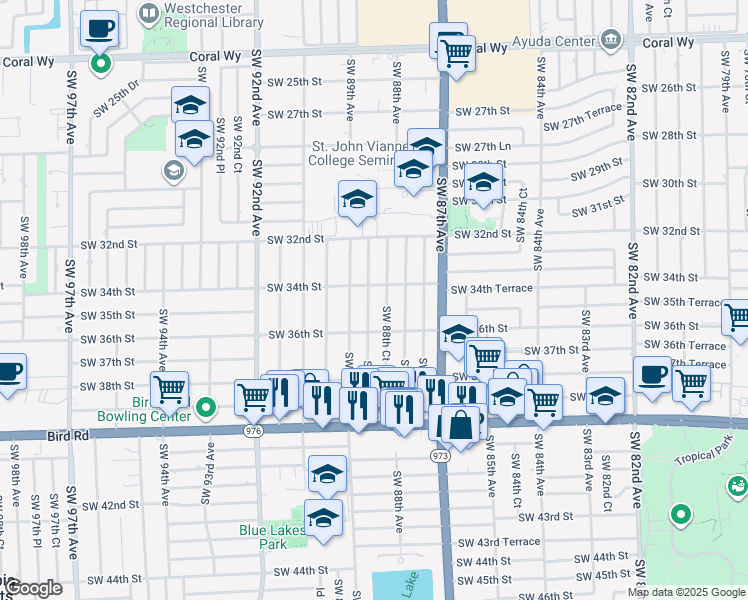 map of restaurants, bars, coffee shops, grocery stores, and more near 8852 Southwest 34th Street in Miami