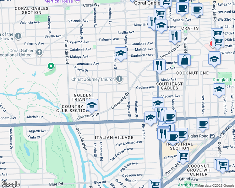 map of restaurants, bars, coffee shops, grocery stores, and more near 647 Escobar Avenue in Coral Gables