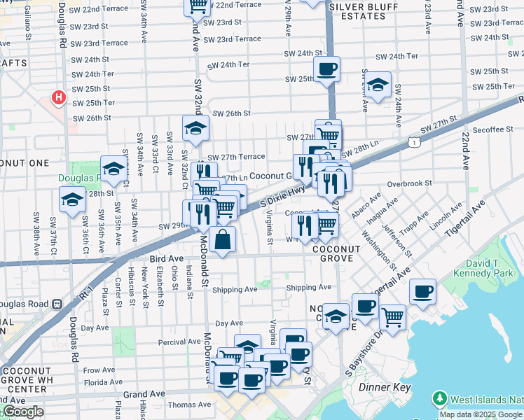 map of restaurants, bars, coffee shops, grocery stores, and more near 3834 M-Path in Miami