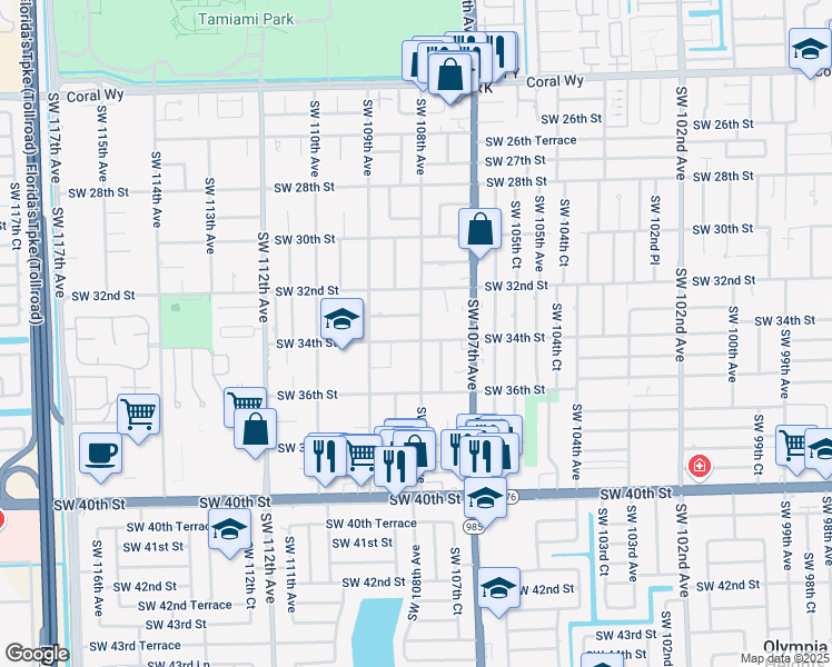 map of restaurants, bars, coffee shops, grocery stores, and more near 10802 Southwest 33rd Street in Miami