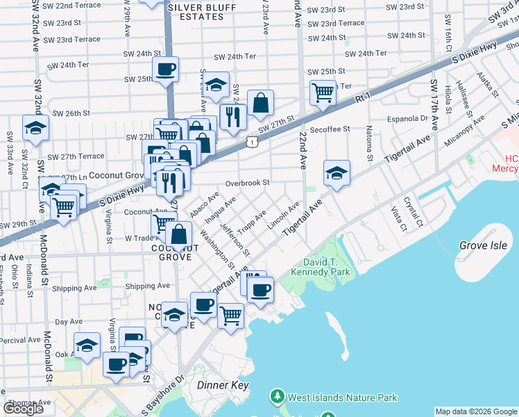 map of restaurants, bars, coffee shops, grocery stores, and more near 3024 Kirk Street in Miami