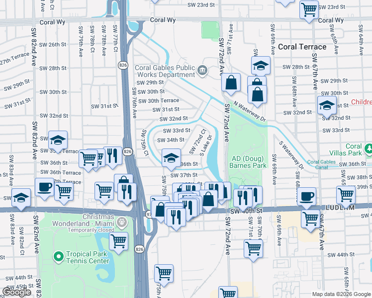 map of restaurants, bars, coffee shops, grocery stores, and more near 7370 Southwest 34th Street in Miami