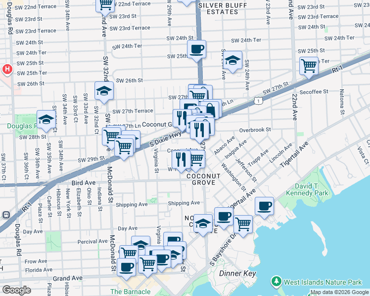 map of restaurants, bars, coffee shops, grocery stores, and more near 2800 Southwest 28th Terrace in Miami