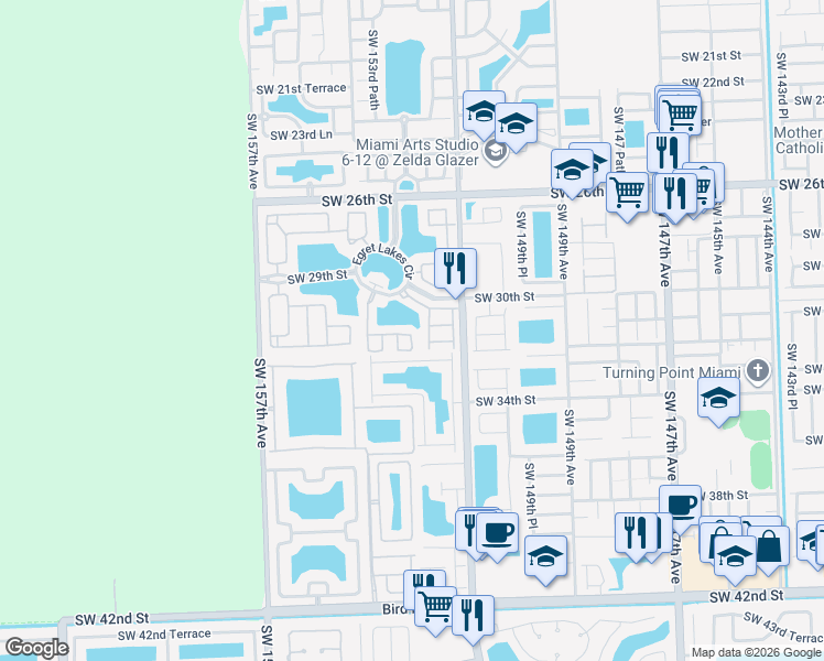 map of restaurants, bars, coffee shops, grocery stores, and more near 15262 Southwest 30th Terrace in Miami
