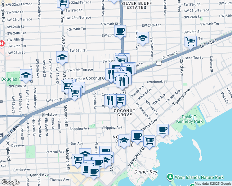 map of restaurants, bars, coffee shops, grocery stores, and more near 2800 Southwest 28th Terrace in Miami