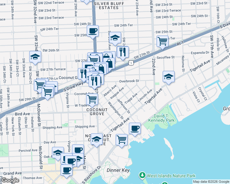 map of restaurants, bars, coffee shops, grocery stores, and more near 2458 Abaco Avenue in Miami