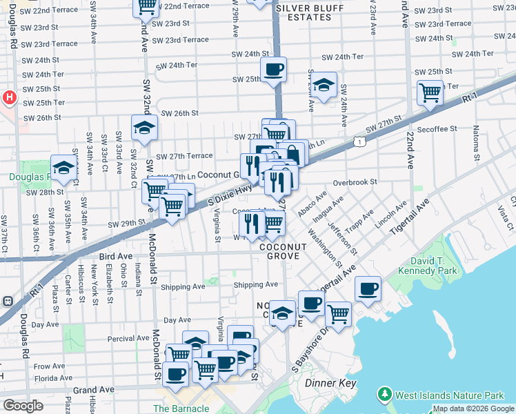 map of restaurants, bars, coffee shops, grocery stores, and more near 2800 Southwest 28th Terrace in Miami