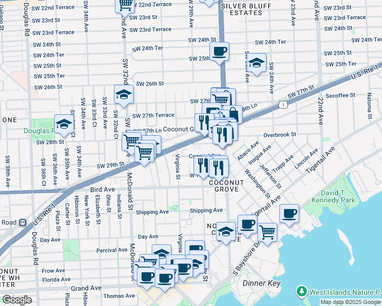 map of restaurants, bars, coffee shops, grocery stores, and more near 2920 Southwest 28th Terrace in Miami