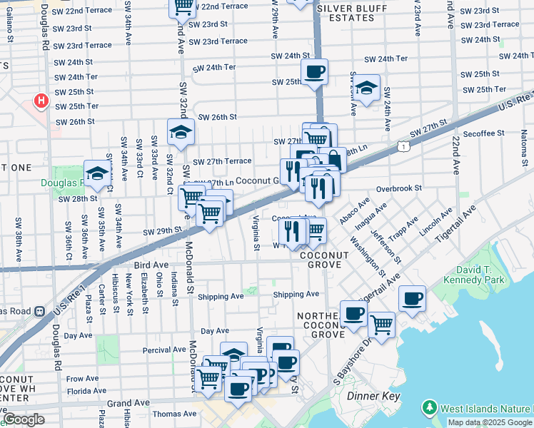 map of restaurants, bars, coffee shops, grocery stores, and more near 2920 Southwest 28th Terrace in Miami