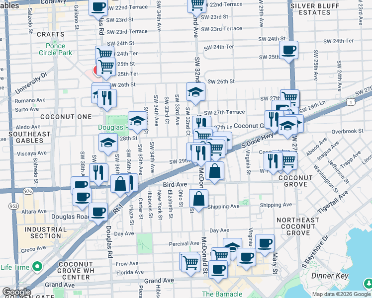 map of restaurants, bars, coffee shops, grocery stores, and more near 2822 Southwest 32nd Court in Miami