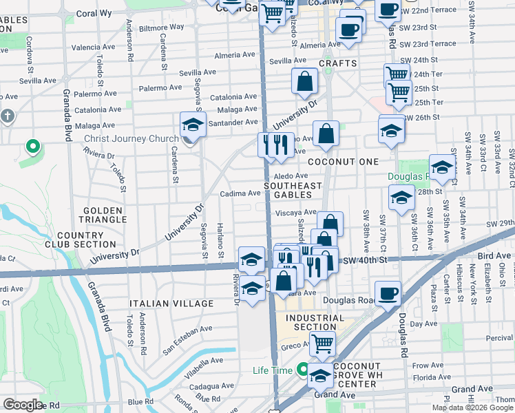 map of restaurants, bars, coffee shops, grocery stores, and more near 428 Cadima Avenue in Coral Gables