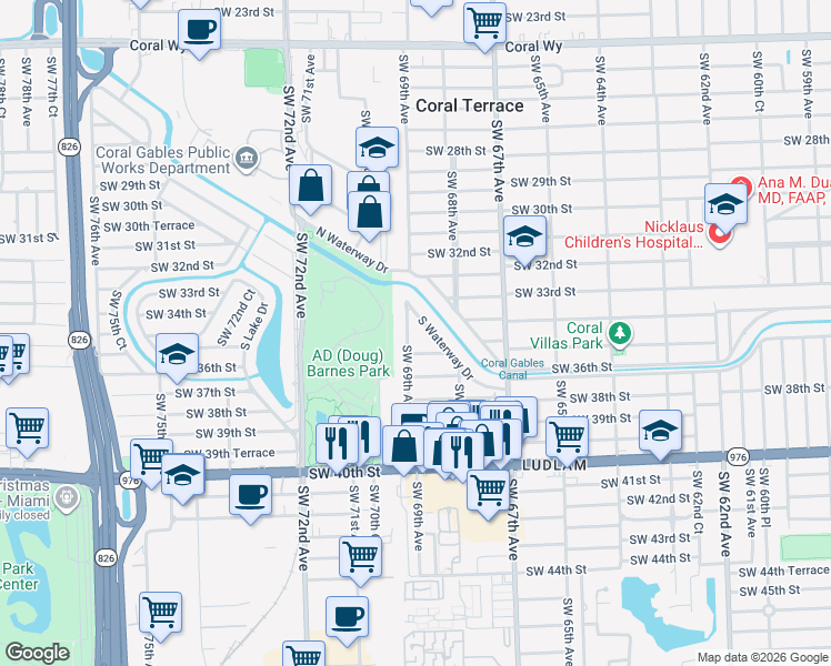 map of restaurants, bars, coffee shops, grocery stores, and more near 3322 Southwest 69th Avenue in Miami