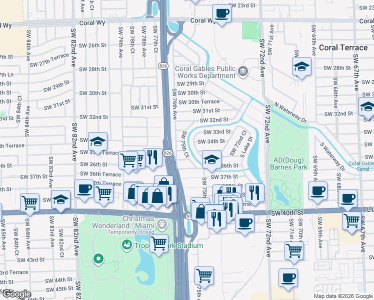 map of restaurants, bars, coffee shops, grocery stores, and more near 3400 Southwest 75th Avenue in Miami