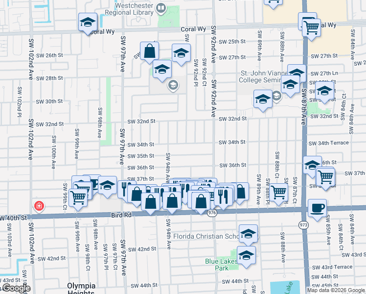 map of restaurants, bars, coffee shops, grocery stores, and more near 3335 Southwest 93rd Court in Miami
