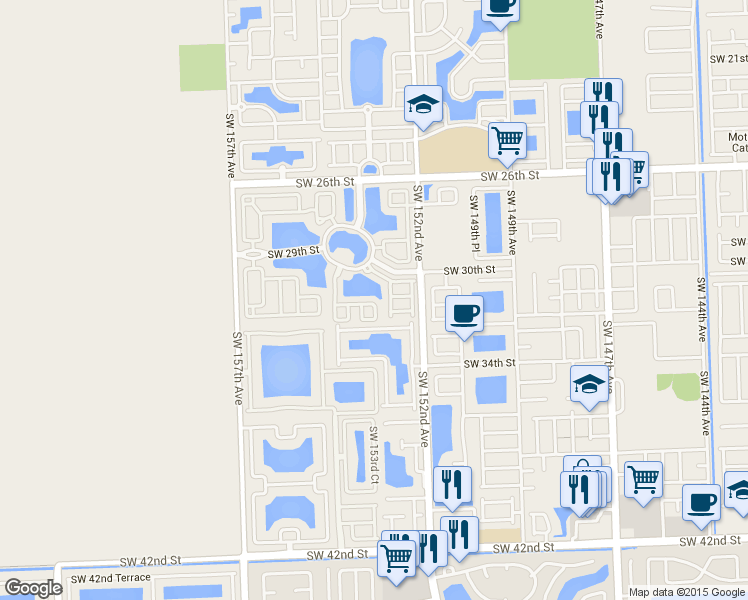 map of restaurants, bars, coffee shops, grocery stores, and more near 15262 Southwest 30th Terrace in Miami