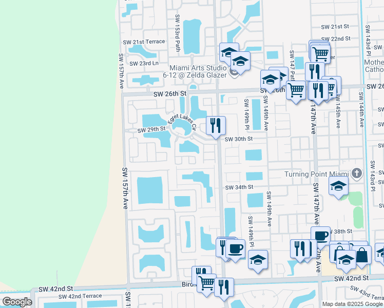 map of restaurants, bars, coffee shops, grocery stores, and more near 15262 Southwest 30th Terrace in Miami