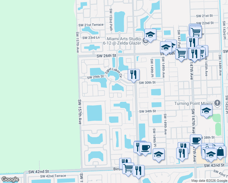 map of restaurants, bars, coffee shops, grocery stores, and more near 3071 Southwest 153rd Path in Miami