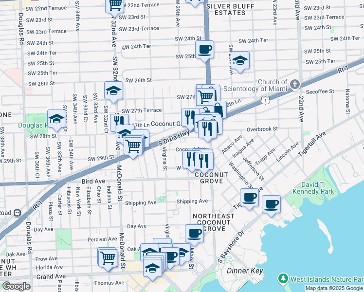 map of restaurants, bars, coffee shops, grocery stores, and more near 2920 Southwest 28th Terrace in Miami
