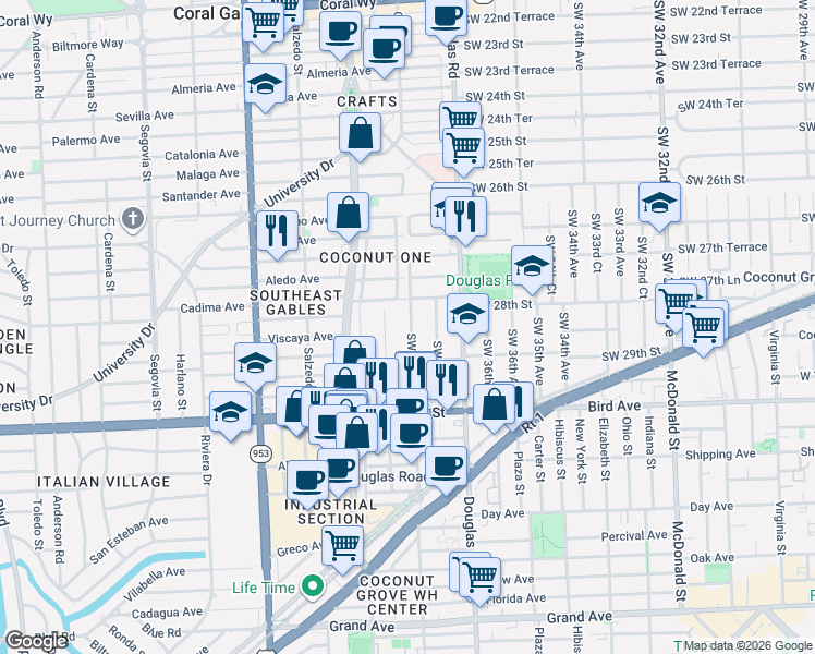 map of restaurants, bars, coffee shops, grocery stores, and more near 2819 Southwest 38th Avenue in Miami