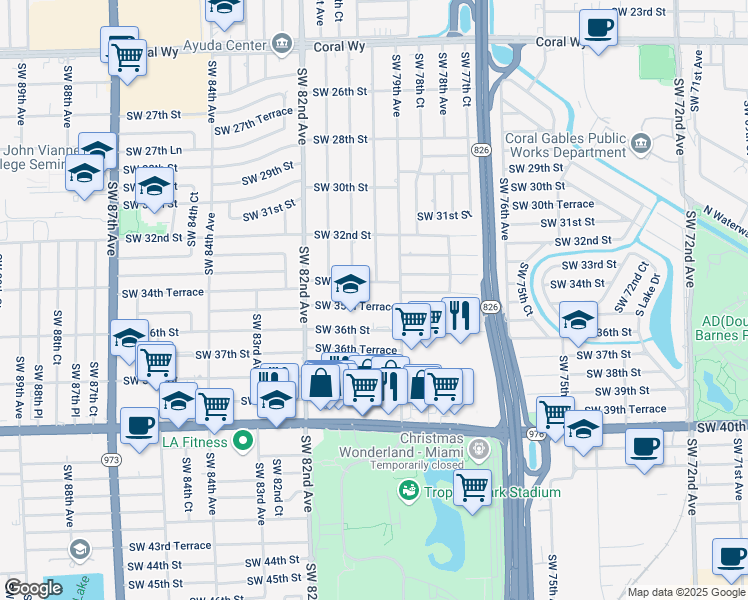 map of restaurants, bars, coffee shops, grocery stores, and more near 7970 Southwest 34th Street in Miami