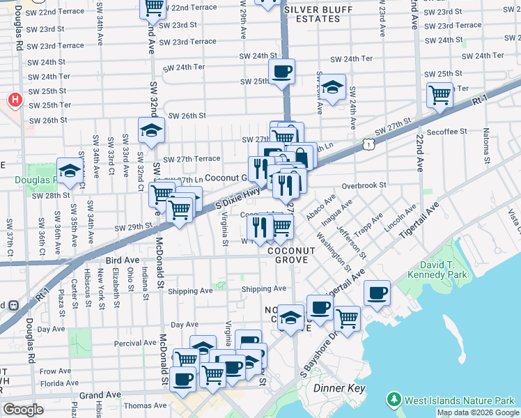 map of restaurants, bars, coffee shops, grocery stores, and more near 2800 Southwest 28th Terrace in Miami