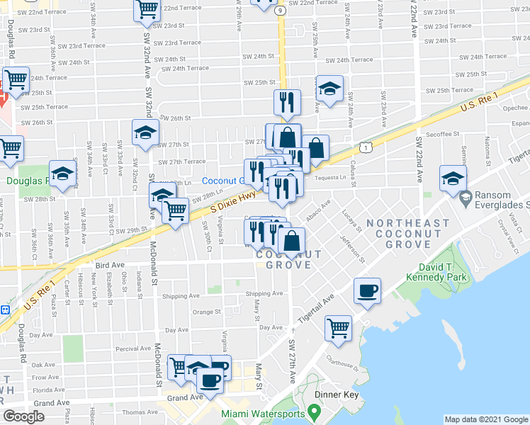 map of restaurants, bars, coffee shops, grocery stores, and more near 2800 Southwest 28th Terrace in Miami