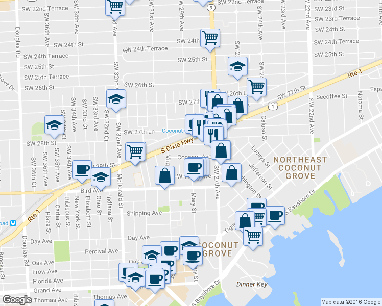 map of restaurants, bars, coffee shops, grocery stores, and more near 2800 Southwest 28th Terrace in Miami