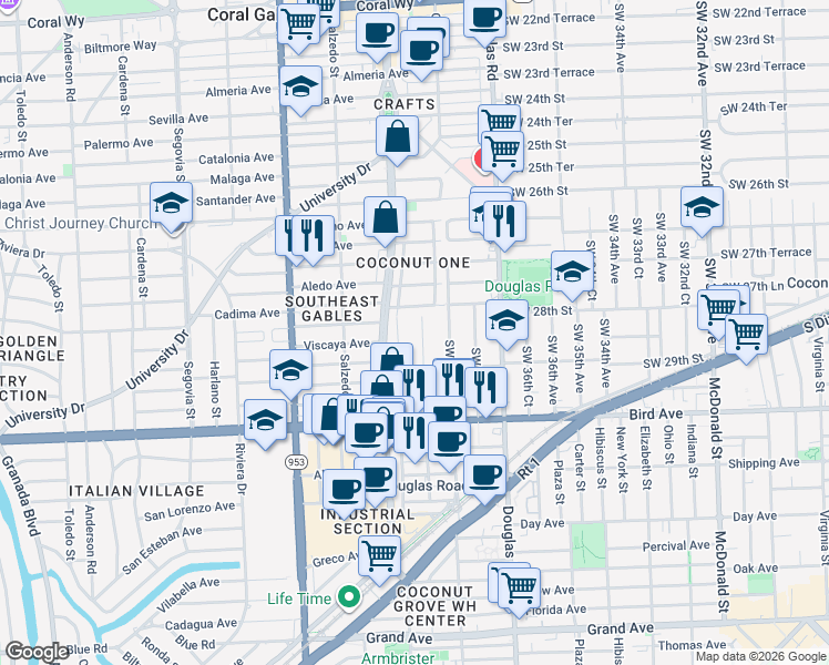 map of restaurants, bars, coffee shops, grocery stores, and more near 2812 Southwest 38th Court in Miami