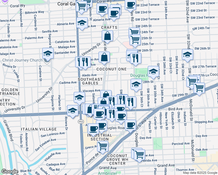 map of restaurants, bars, coffee shops, grocery stores, and more near 2812 Southwest 38th Court in Miami