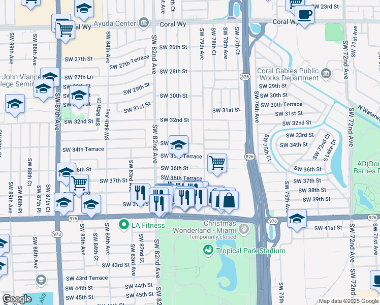 map of restaurants, bars, coffee shops, grocery stores, and more near 7970 Southwest 34th Street in Miami
