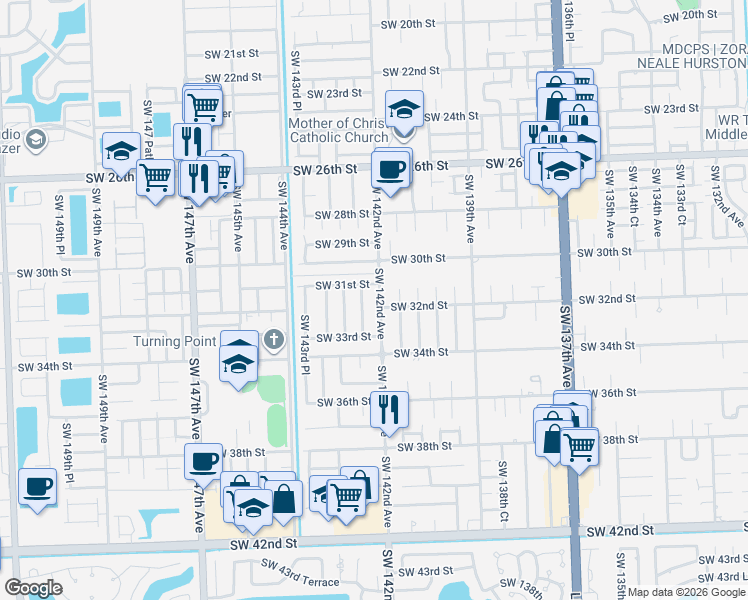 map of restaurants, bars, coffee shops, grocery stores, and more near 3121 Southwest 142nd Avenue in Miami
