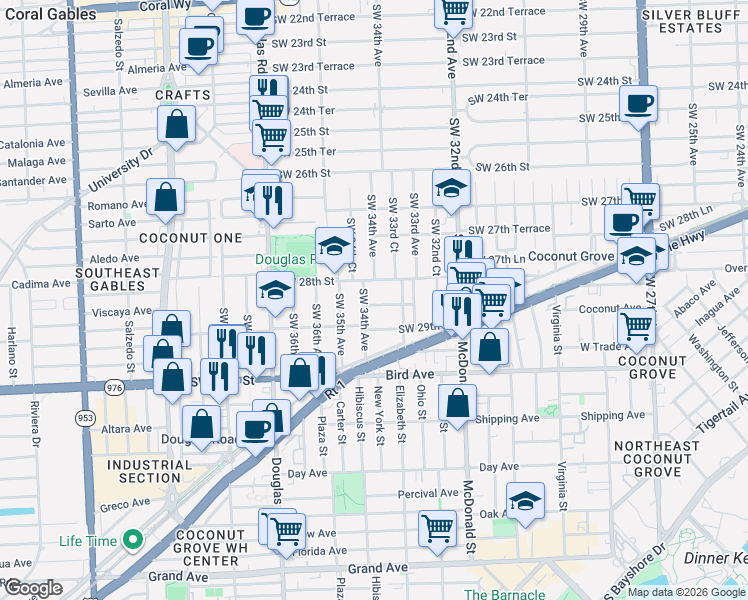 map of restaurants, bars, coffee shops, grocery stores, and more near 2815 Southwest 34th Avenue in Miami