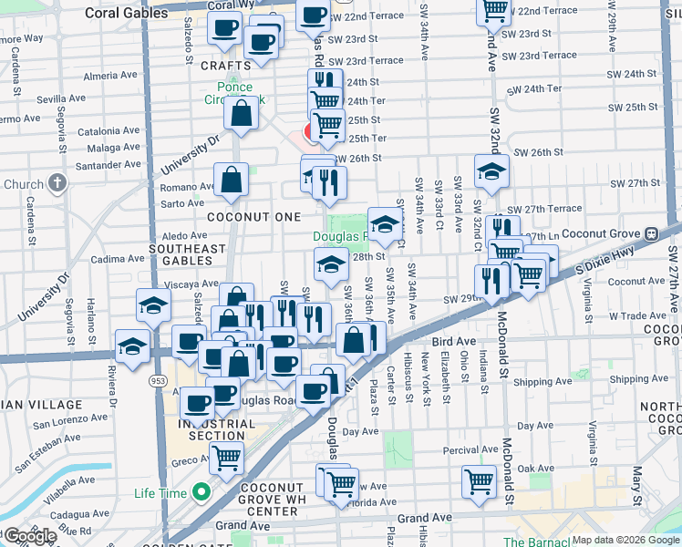 map of restaurants, bars, coffee shops, grocery stores, and more near in Miami