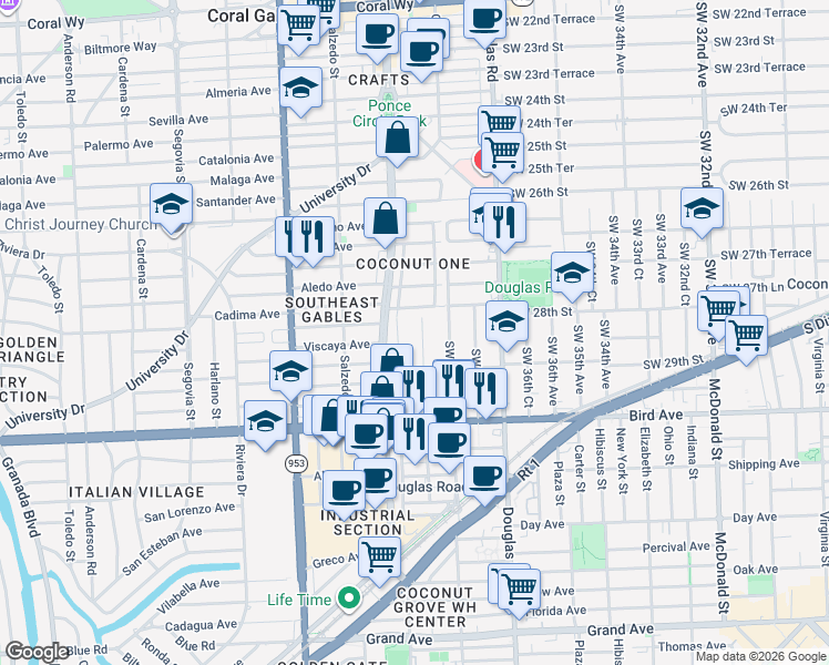 map of restaurants, bars, coffee shops, grocery stores, and more near 2812 Southwest 38th Court in Miami