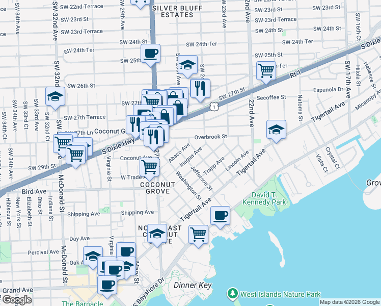 map of restaurants, bars, coffee shops, grocery stores, and more near 2458 Abaco Avenue in Miami