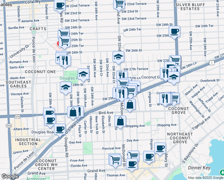 map of restaurants, bars, coffee shops, grocery stores, and more near 2822 Southwest 32nd Court in Miami